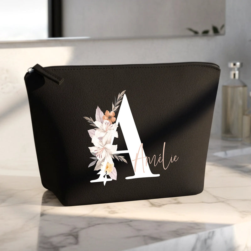 Ton initiale - Trousse de maquillage en feutre avec initiale florale et nom personnalisé