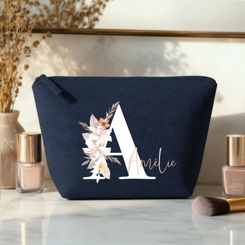 Ton initiale - Trousse de maquillage en feutre avec initiale florale et nom personnalisé
