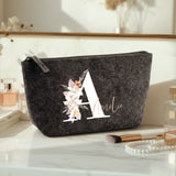 Ton initiale - Trousse de maquillage en feutre avec initiale florale et nom personnalisé