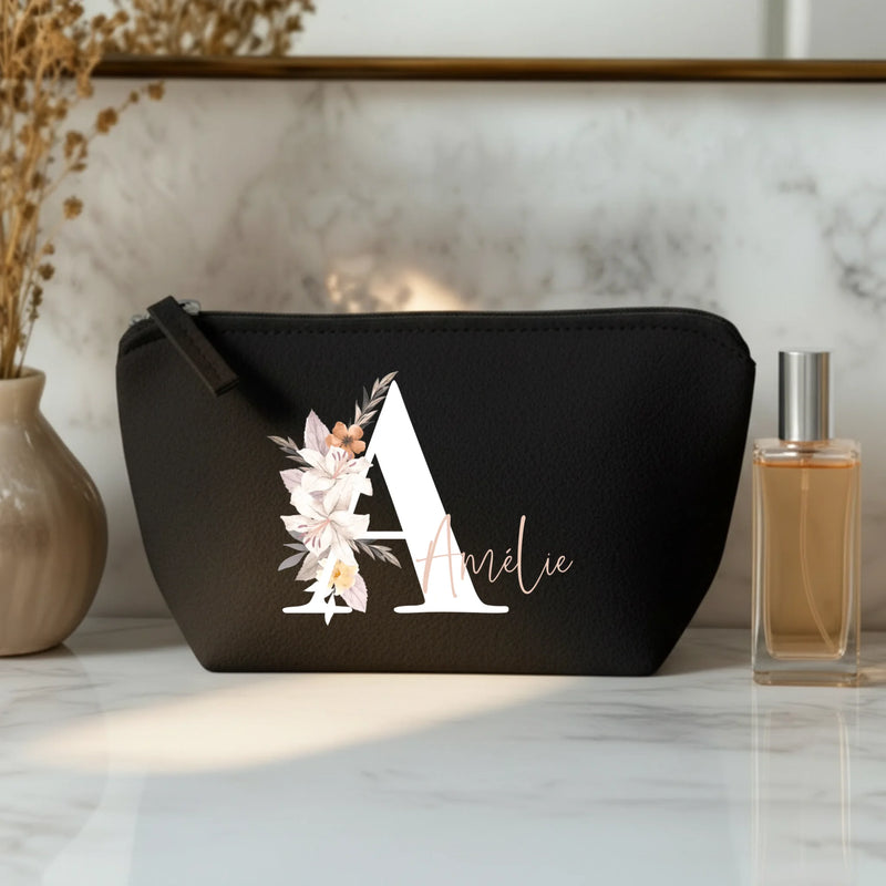 Ton initiale - Trousse de maquillage en feutre avec initiale florale et nom personnalisé