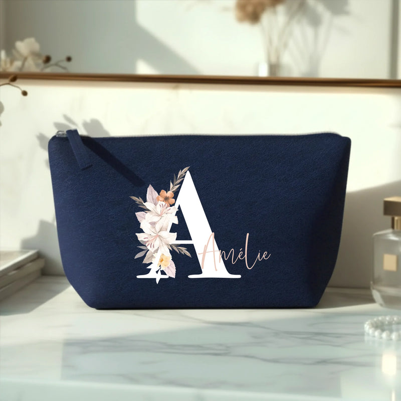 Ton initiale - Trousse de maquillage en feutre avec initiale florale et nom personnalisé