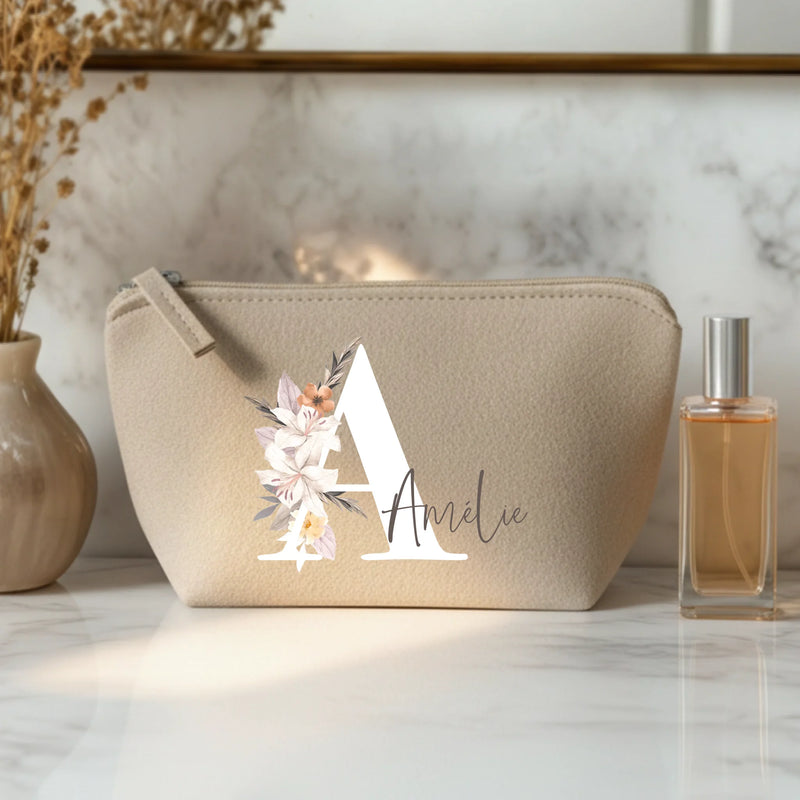 Ton initiale - Trousse de maquillage en feutre avec initiale florale et nom personnalisé
