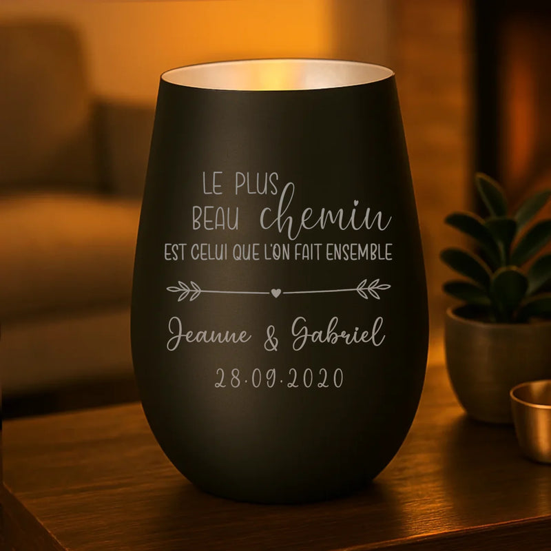 Cadeau personnalisé : photophore noir et argent avec gravure de prénoms - fabriqué par Love & Faith