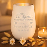 Cadeau personnalisé : photophore blanc et argent avec gravure de prénoms - fabriqué par Love & Faith