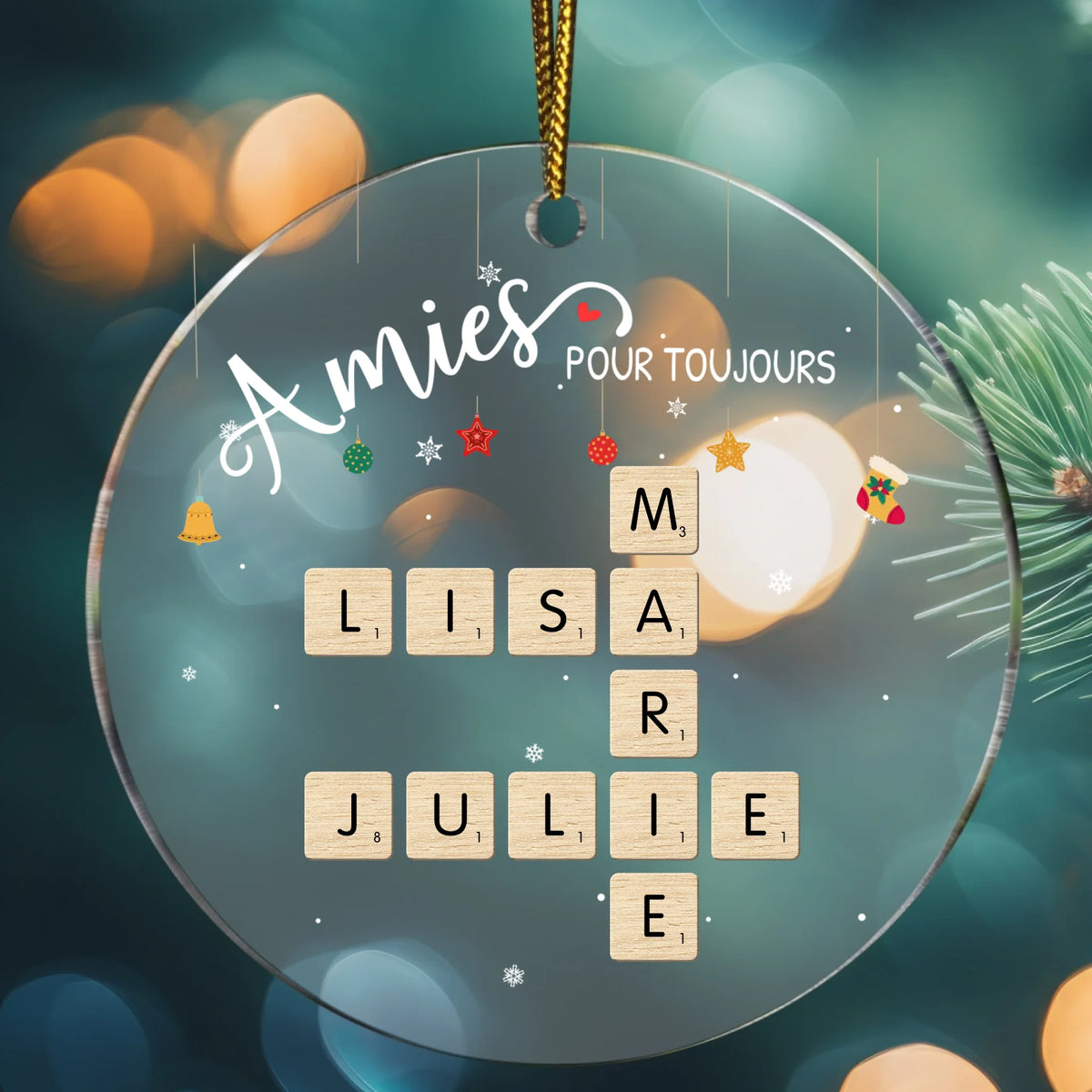 Décoration de Noël en acrylique Scrabble personnalisée avec prénoms, design acrylique transparent de haute qualité