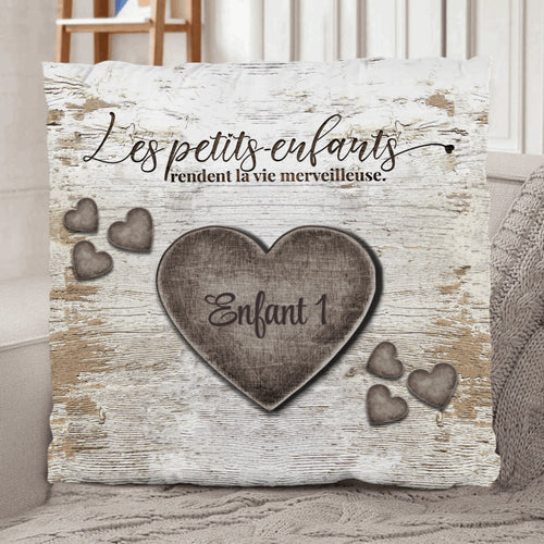 Coussin personnalisé Grands-parents avec cœurs en bois rustiques, peluche premium lavable