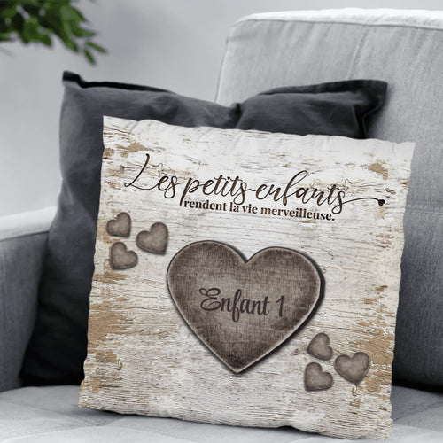 Coussin personnalisé Grands-parents avec cœurs en bois rustiques, peluche premium lavable – Motiv 2