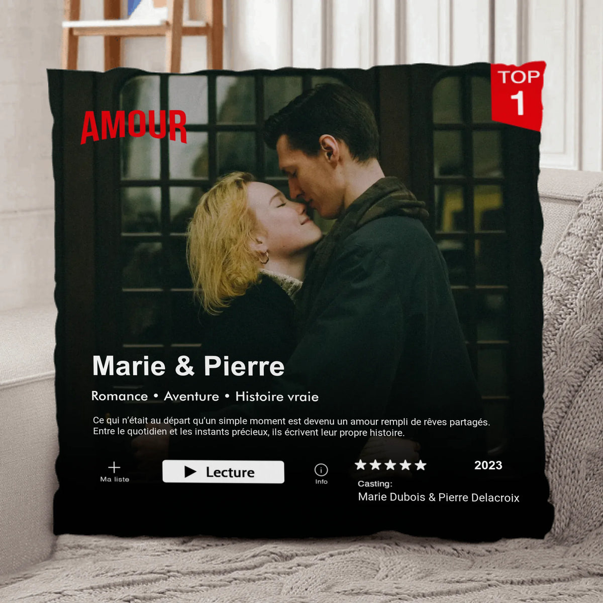 Coussin personnalisé couple avec photo et design Netflix, peluche premium doux et moelleux