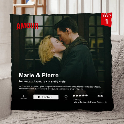 Coussin personnalisé couple avec photo et design Netflix, peluche premium doux et moelleux