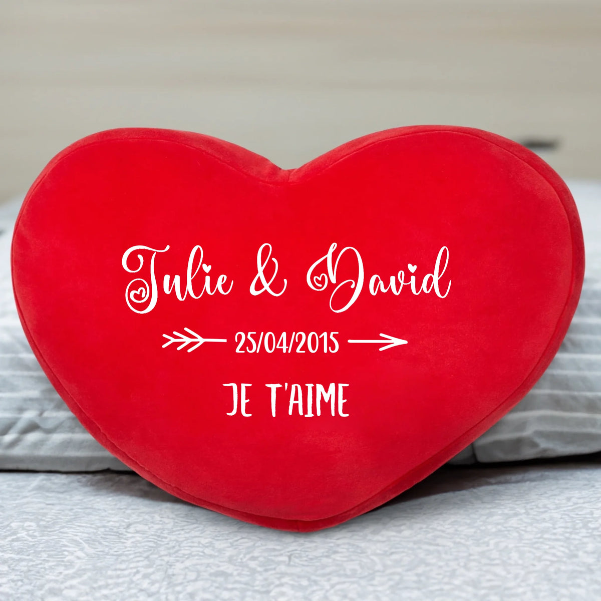 Coussin cœur personnalisé couple avec prénoms et design DTF, peluche premium douce pour Toi & Moi