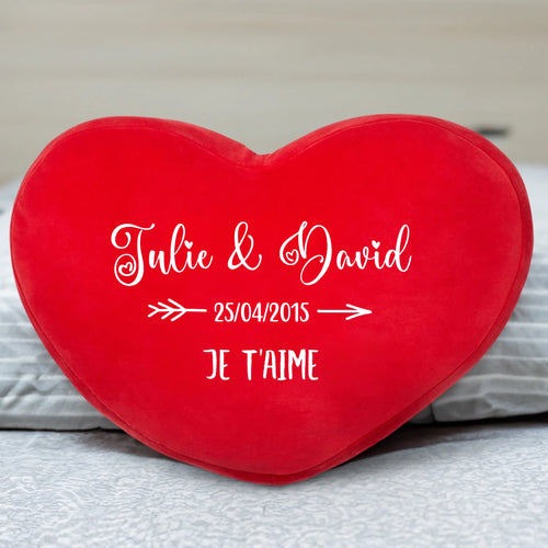 Coussin cœur personnalisé couple avec prénoms et design DTF, peluche premium douce pour Toi & Moi