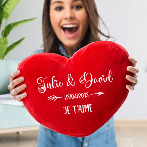 Coussin cœur personnalisé couple avec prénoms et design DTF, peluche premium douce pour Toi & Moi – Motiv 2