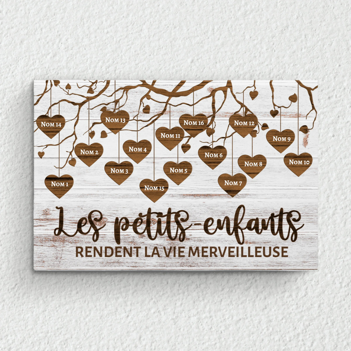 Toile personnalisée grands-parents avec prénoms des petits-enfants, impression couleurs vives et cadre bois massif