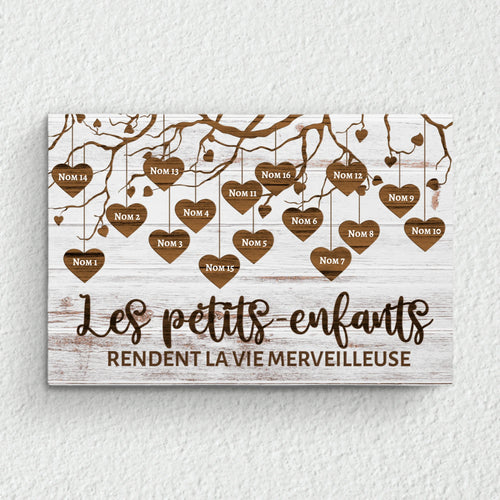Toile personnalisée grands-parents avec prénoms des petits-enfants, impression couleurs vives et cadre bois massif