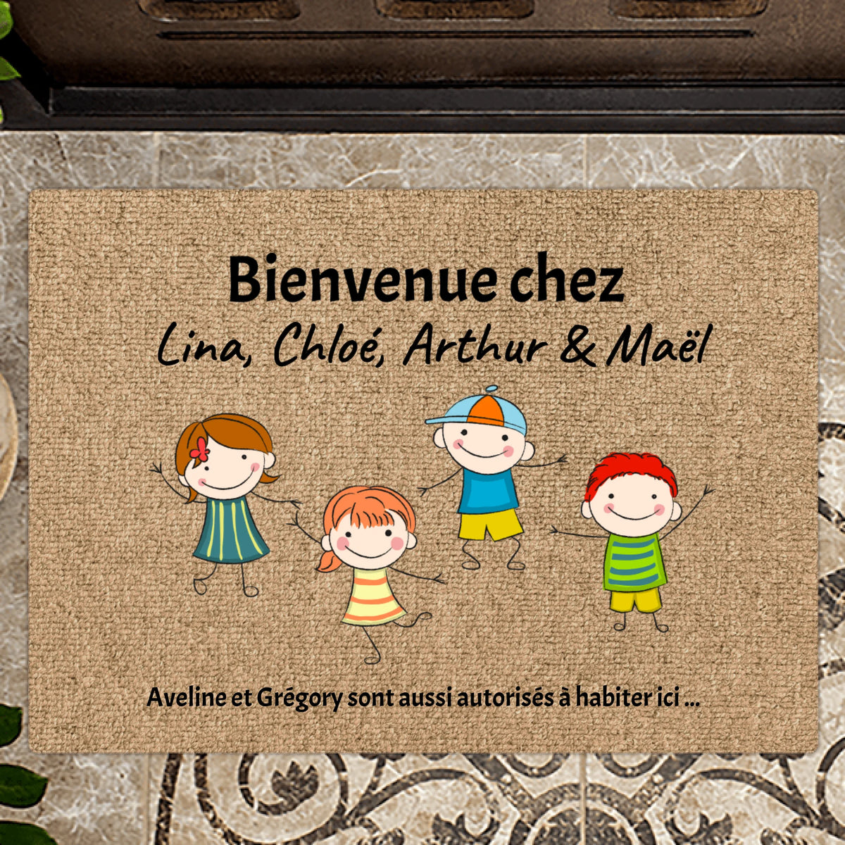 Paillasson famille personnalisé avec prénoms, tapis de bienvenue écologique antidérapant