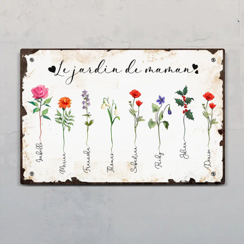 Pancarte de porte personnalisée Le jardin de mamie avec prénoms des enfants et fleurs colorées, Alu-Dibond résistant aux
