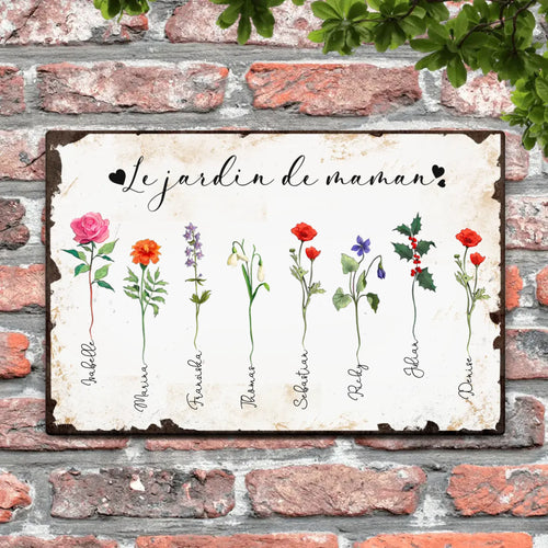 Pancarte de porte personnalisée Le jardin de mamie avec prénoms des enfants et fleurs colorées, Alu-Dibond – Motiv 2