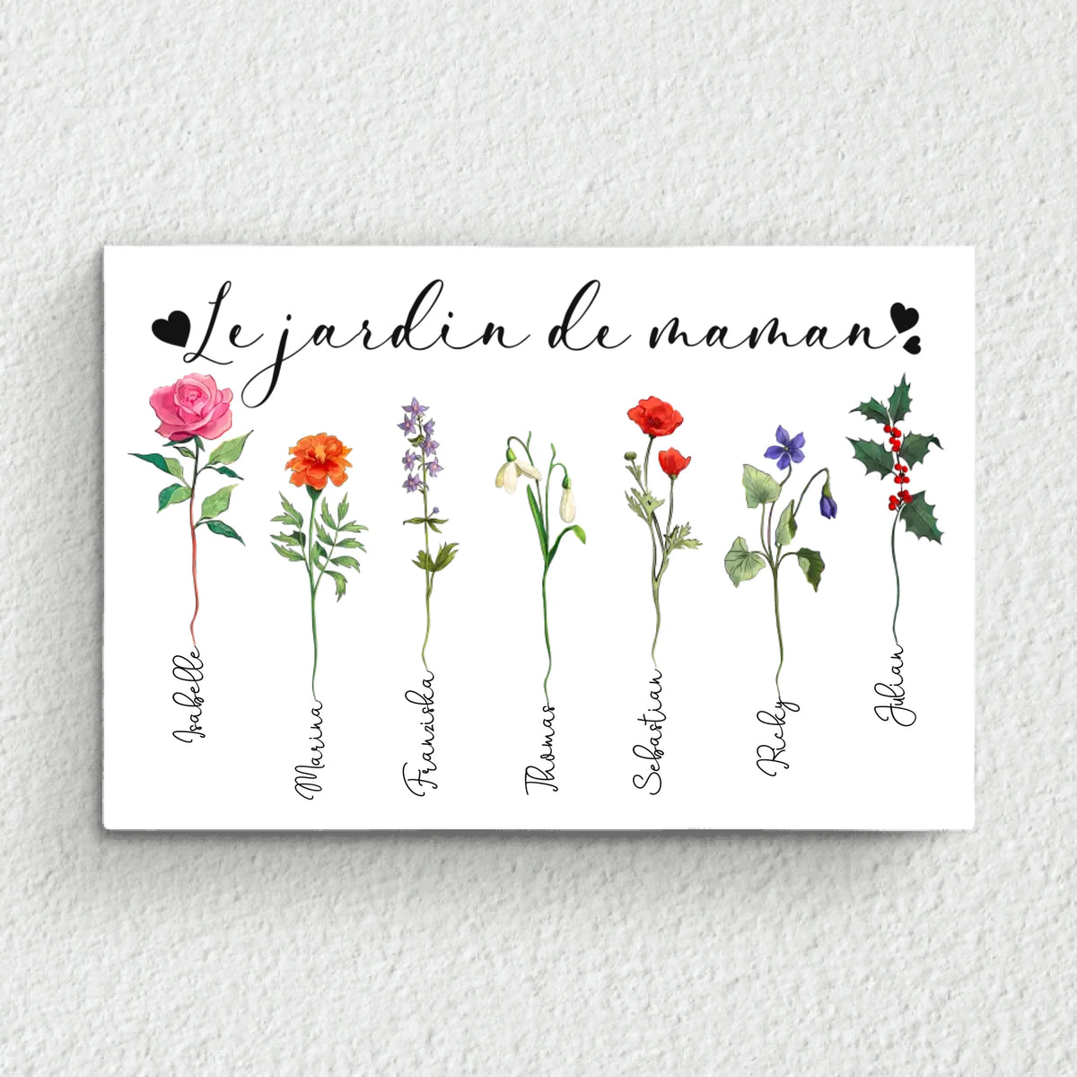 Toile personnalisée Le jardin de mamie avec prénoms des enfants et fleurs, cadre bois massif pour grands-parents