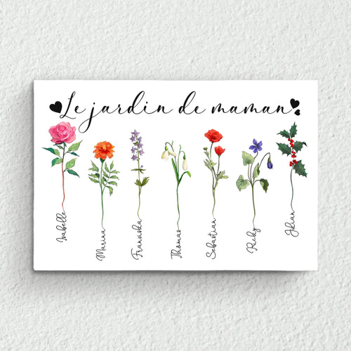 Toile personnalisée Le jardin de mamie avec prénoms des enfants et fleurs, cadre bois massif pour grands-parents