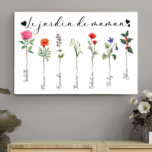 Toile personnalisée Le jardin de mamie avec prénoms des enfants et fleurs, cadre bois massif pour grands-parents – Motiv 2