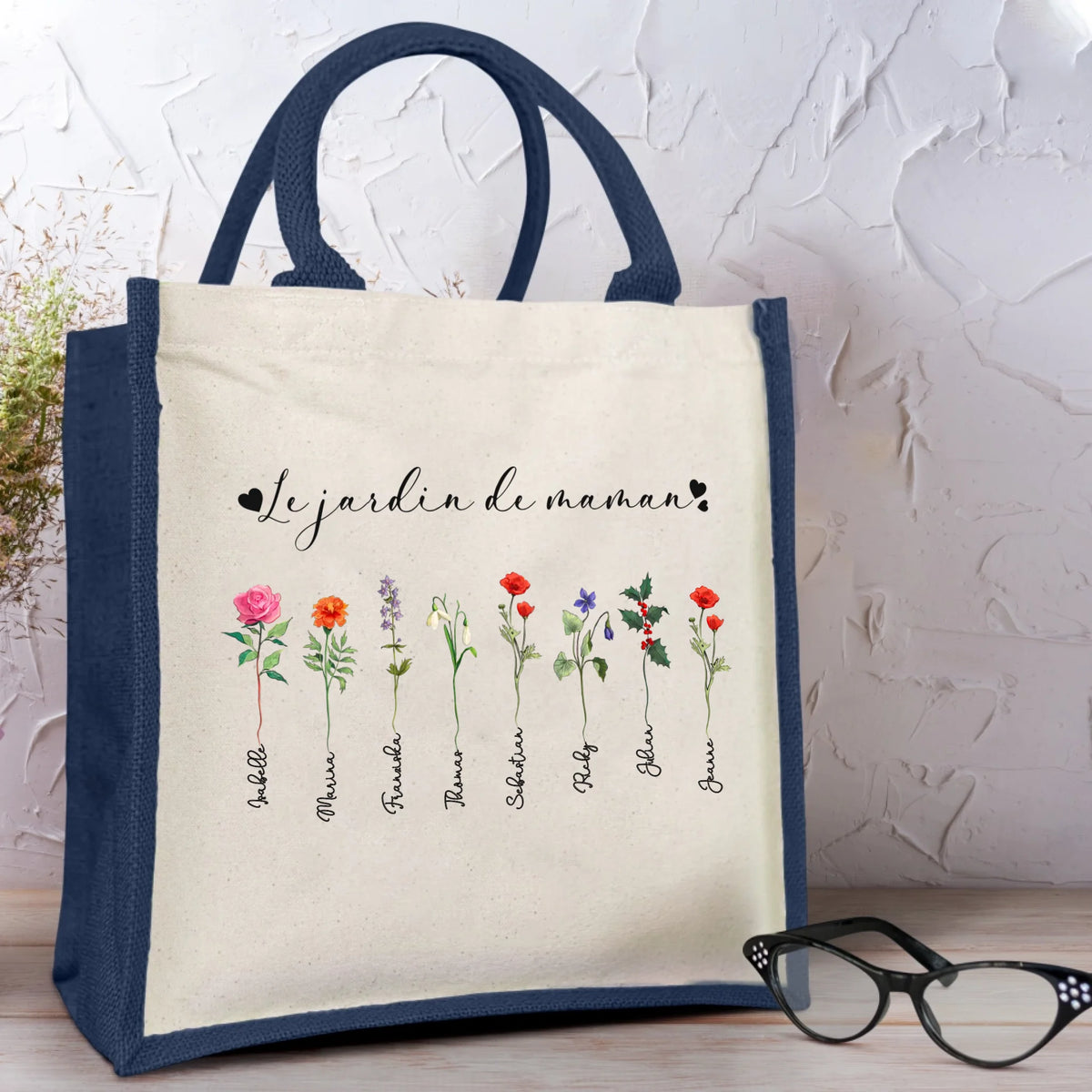 Sac coloré personnalisé Le jardin de mamie avec impression DTF, motif jardin, poignées de transport