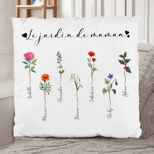 Coussin personnalisé Le jardin de mamie avec prénoms des enfants et des grands-parents, peluche premium douce