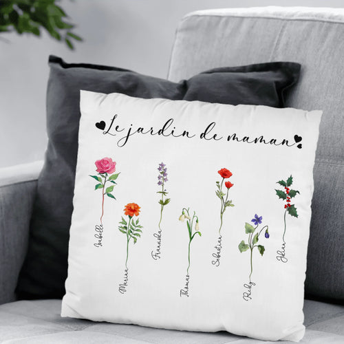 Coussin personnalisé Le jardin de mamie avec prénoms des enfants et des grands-parents, peluche premium douce – Motiv 2