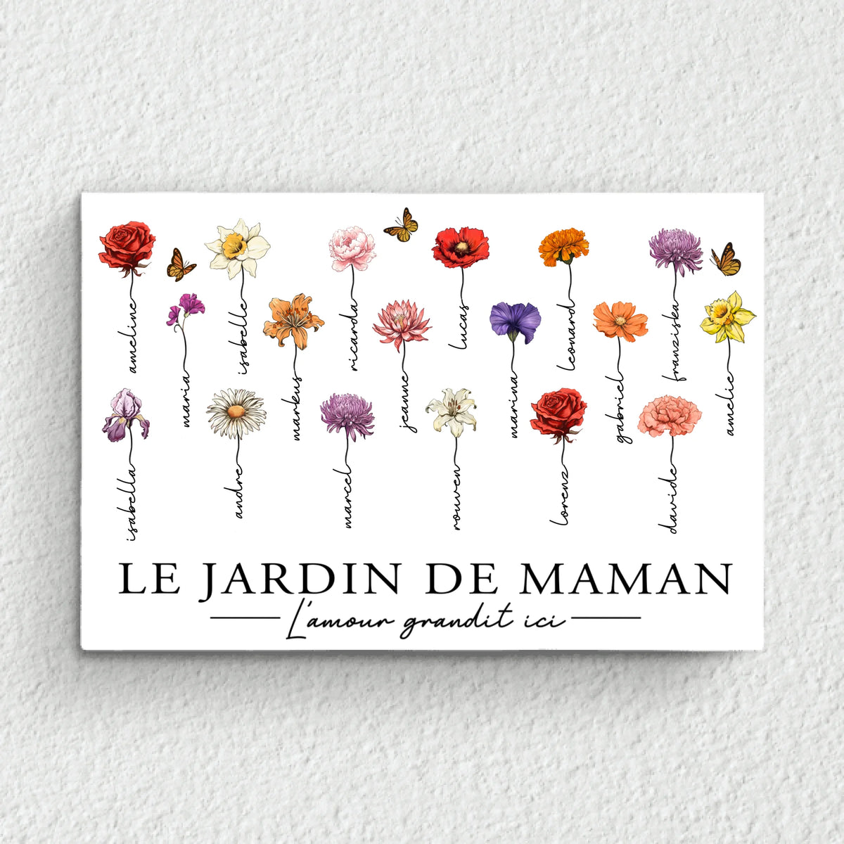 Toile personnalisée L'amour grandit ici pour maman mamie avec prénoms et design personnalisé, cadre bois