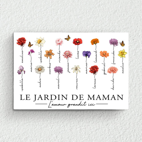 Toile personnalisée L'amour grandit ici pour maman mamie avec prénoms et design personnalisé, cadre bois