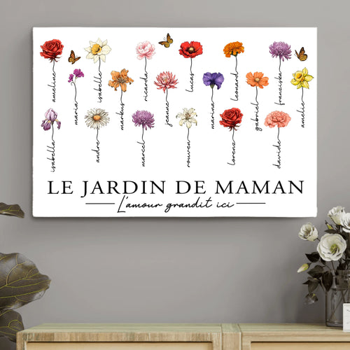 Toile personnalisée L'amour grandit ici pour maman mamie avec prénoms et design personnalisé, cadre bois – Motiv 2