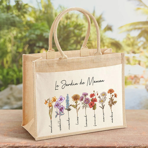 Sac personnalisé avec fleurs de naissance et prénoms pour mamie et maman, impression DTF – Motiv 2