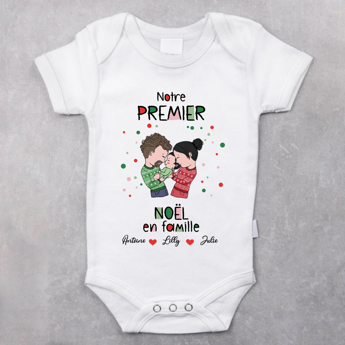 Body bébé personnalisé Notre premier Noël avec prénoms famille, cadeau naissance première fête