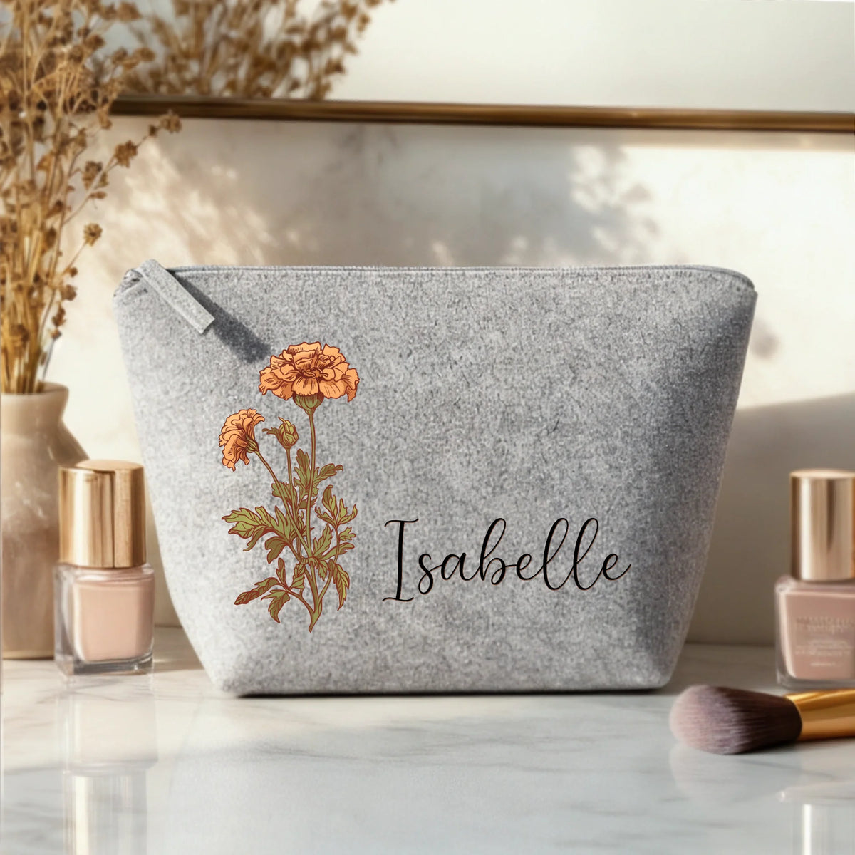 Trousse de maquillage en feutre personnalisée Ta fleur avec prénom, matière robuste et design floral