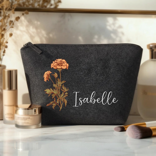 Trousse de maquillage en feutre personnalisée Ta fleur avec prénom, matière robuste et design floral – Motiv 2