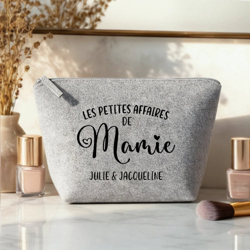 Trousse de maquillage en feutre Mamie en or avec prénom personnalisé, design DTF aux couleurs éclatantes