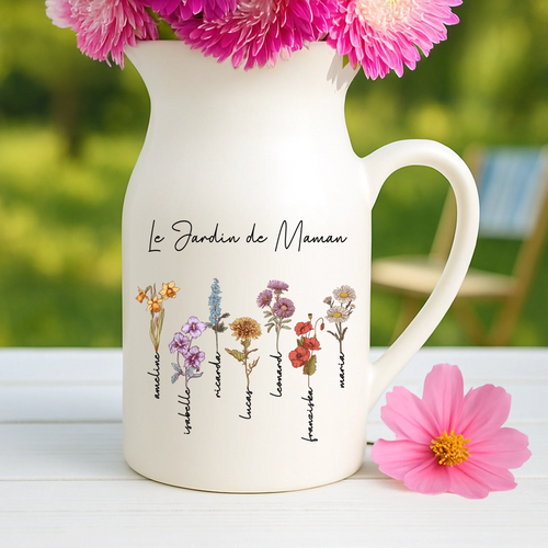 Vase céramique personnalisé blanc ivoire avec noms et fleurs pour Maman et Mamie – Motiv 2