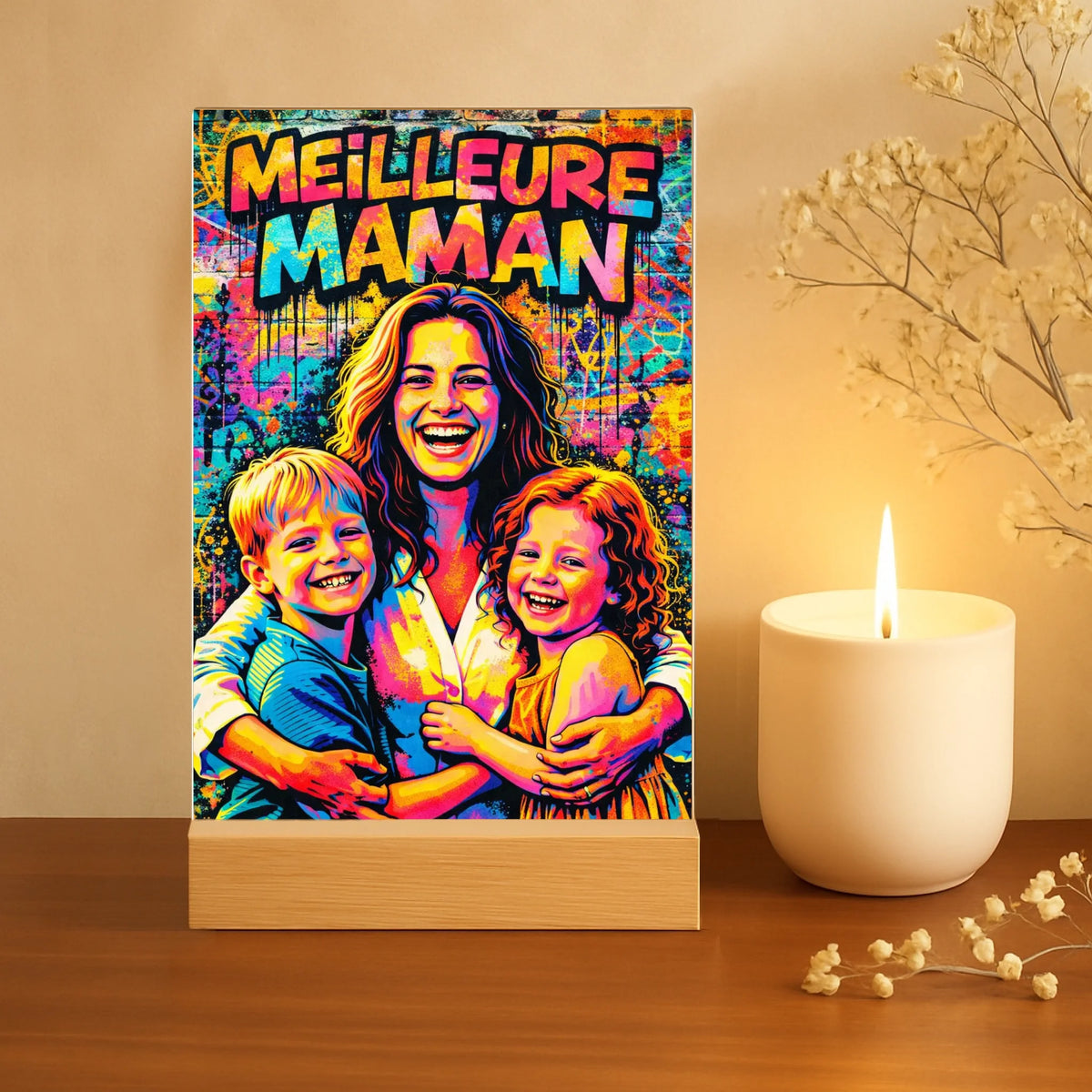 Support acrylique personnalisé street art pour maman avec impression UV, design customisable et prénom gravé