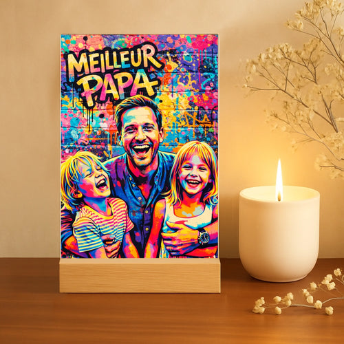 Support acrylique personnalisé street art pour papa avec impression UV, design coloré et moderne