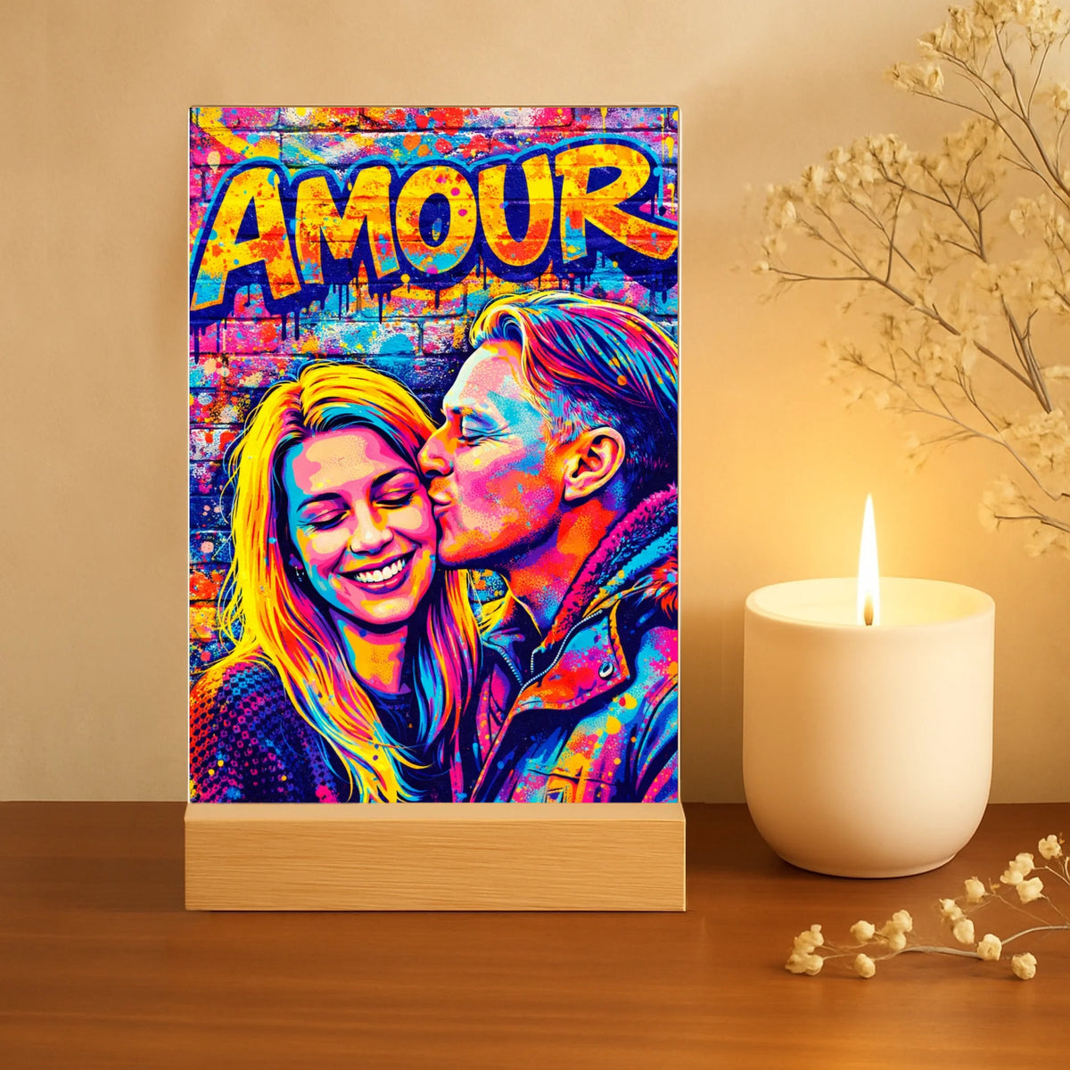 Acrylaufsteller personnalisé street art avec impression UV, design love coloré sur support acrylique stable