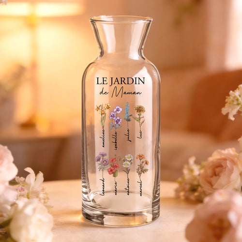 Vase en verre personnalisé avec prénoms et fleurs, cadeau gravé pour maman et grand-mère