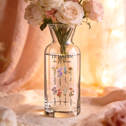 Vase en verre personnalisé avec prénoms et fleurs, cadeau gravé pour maman et grand-mère – Motiv 2