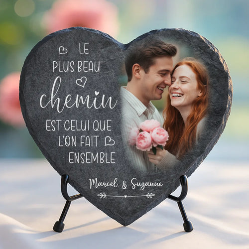 Cœur en ardoise personnalisé avec photo et prénoms pour couples, impression UV résistante aux intempéries – Motiv 2