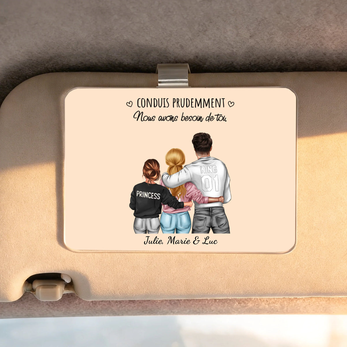 Acrylclip voiture personnalisé avec dessin famille pour pare-soleil, impression haute qualité