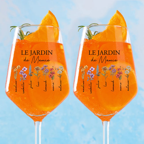 Verre à vin personnalisé 450 ml avec prénoms et fleurs pour maman et mamie, gravure durable – Motiv 2