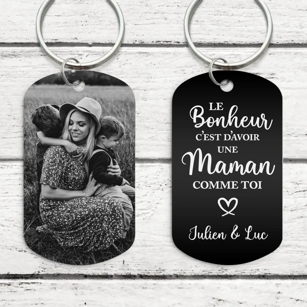 Porte-clés gravé personnalisé parents Bonheur en métal noir et blanc avec gravure recto-verso