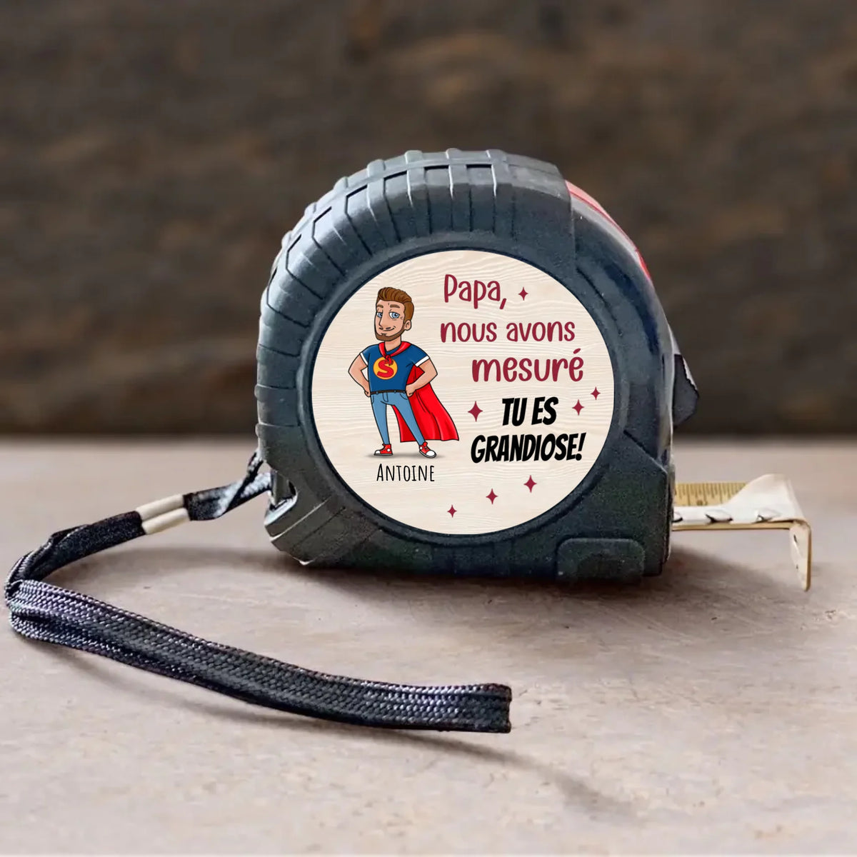 Mètre ruban personnalisé Super Papa avec impression UV-DTF, fonction de verrouillage et design personnalisable