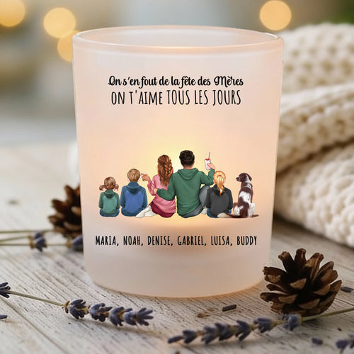 Bougeoir personnalisé verre satiné Notre famille avec cliparts et prénoms pour la Fête des Mères