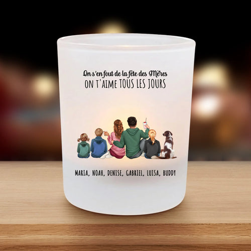 Bougeoir personnalisé verre satiné Notre famille avec cliparts et prénoms pour la Fête des Mères – Motiv 2