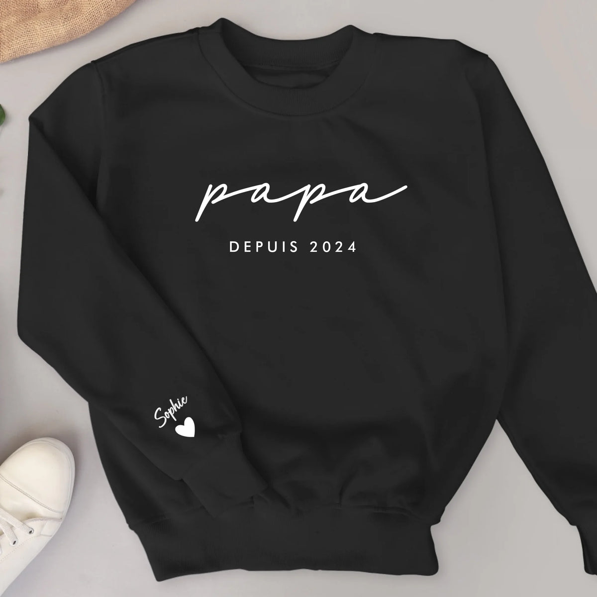 Sweat personnalisé Papa Papy avec prénoms, pull gris premium pour père et grand-père