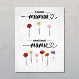 D'abord maman, maintenant mamie - Poster personnalisé avec fleurs de naissance pour parents et grands-parents